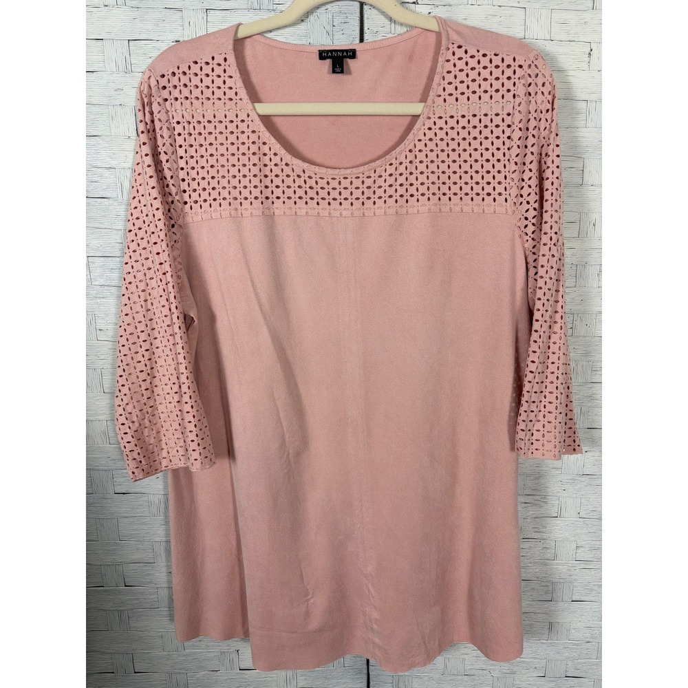 Hannah Womens Blouse Faux Suede Laser Cut Eyelet‎ 3/4 Sleeve Dusty Pink coquette